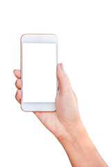 Female hand holding smart phone with white screen at isolated 