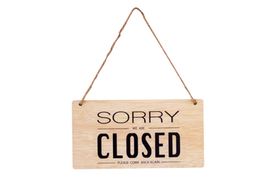 Sorry we're closed sign. wooden image hanging isolated 