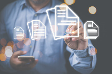 Businessman use a pen to sign, and signatures in electronic documents on digital with copy space. Technology Electronic signature on document concept. Technology internet with an electronic signature.