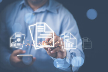 Technology online business signing electronic signature, paperless office, signing business, concept. Businessman use a pen to sign, and signatures in electronic documents on digital with copy space.