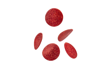 Falling tasty salami isolated on white