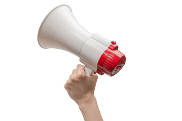 Megaphone in woman hands on a white background.
