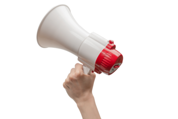 Megaphone in woman hands on a white background.