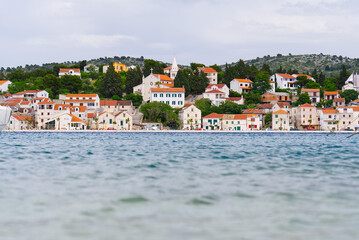 View of the mediterranean city from the sea. Rogoznica town on the Adriatic coast in Croatia. small...