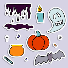 Doodle Halloween sticker set. Hand-drawn autumn pumpkin, ghost, cross, slime, candle on violet background. Cute scary horror banner for fall holidays, Day of the Dead. Vector color spooky illustration