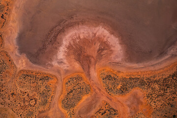 Aerial view looking down of a salt lake in the Northern Territory red centre