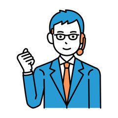 コールセンター　オペレーター　メガネ　男性　ガッツポーズ