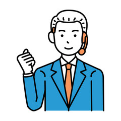 コールセンター　オペレーター　オールバック　男性　ガッツポーズ