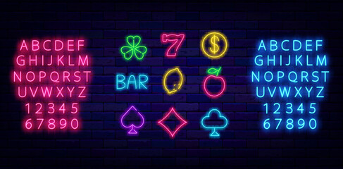 Casino neon icons collection. Clover and dollar coin. Luminous pink and blue alphabet. Vector stock illustration