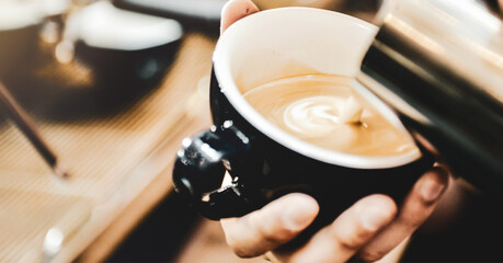 Coffee banner, barista making coffee in the cafe for background, Espresso coffee