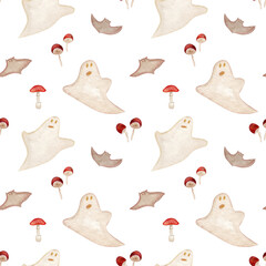 Watercolor seamless pattern with halloween elements, ghost, mushrooms, bat, and branch on white background