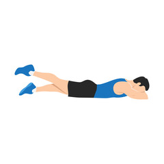 Man doing Prone or lying leg lifts exercise. Flat vector illustration isolated on white background
