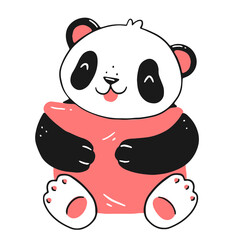 Cute panda print with pillow. A happy panda cub hugs a pillow. Vector isolated illustration in linear doodle style.
