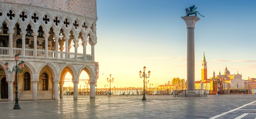 Panorama of Piazza San Marco at sunrise, Venice, Italy. Architecture and landmark of Venice.