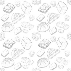 Bakery outline digital seamless pattern. Baking equipments, ingredients and tools for cooking, baked goods. Design concept for bakery, chef, menu,cafe