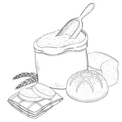 Bakery decoration with flour bag and bread. Baking equipments, ingredients and tools for cooking, baked goods. Design concept for bakery, chef, menu,cafe