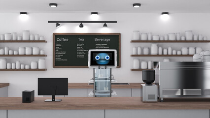 Automation cafe with robotic assistant or service robot serve food