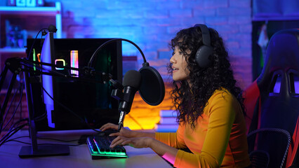 Streaming concept of 4k Resolution. Asian woman recording singing in studio. live broadcast online.