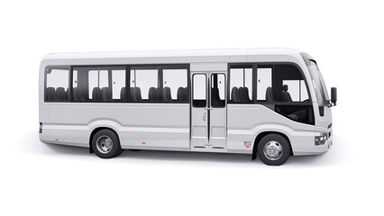 White Small bus for urban and suburban for travel. Car with empty body for design and advertising. 3d illustration - obrazy, fototapety, plakaty