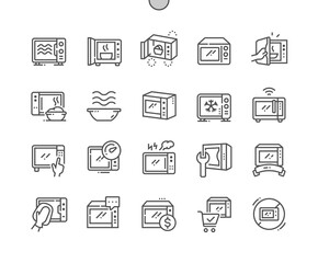 Microwave. Defrosting and heating food. Buy, price and reviews. Kitchen. Pixel Perfect Vector Thin Line Icons. Simple Minimal Pictogram