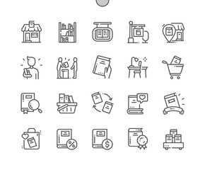 Bookstore. Library location point. Discount and buy book. Education. Pixel Perfect Vector Thin Line Icons. Simple Minimal Pictogram