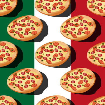 Seamless pattern with Italian pizza on italian flag background with shadow. Pepperoni pizza with olives and tomato slice. Print for the pizzeria's advertising banner. 