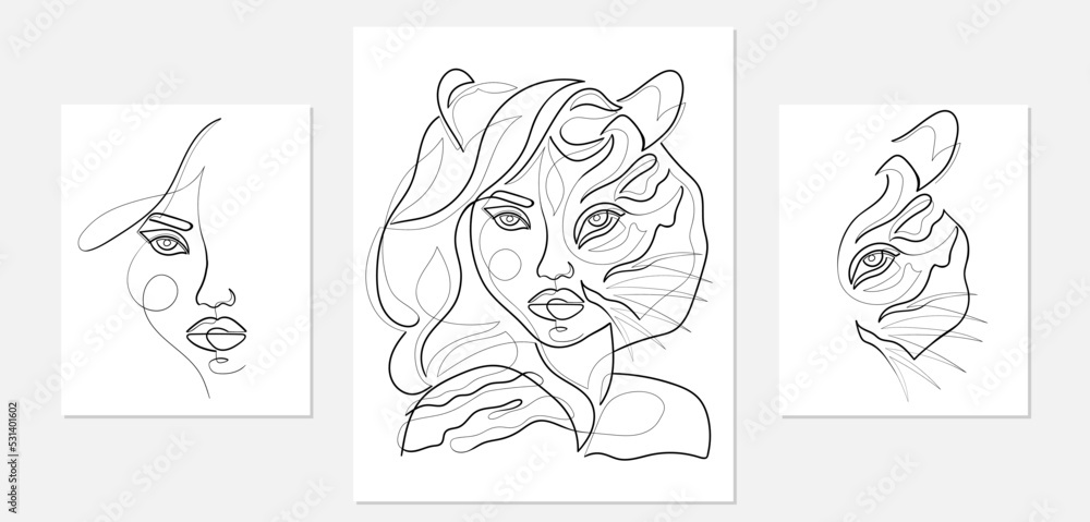 Wall mural Set of one line drawing women tiger half face. Single line art, female portrait, aesthetic contour. Great for poster, wall art, tote bag, t-shirt print, logo, tattoo. Vector illustration