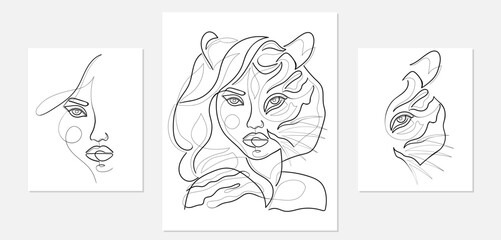 Set of one line drawing women tiger half face. Single line art, female portrait, aesthetic contour. Great for poster, wall art, tote bag, t-shirt print, logo, tattoo. Vector illustration - 531401602
