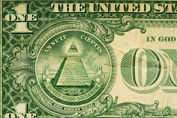 Large fragment of 1 one dollars bill banknote. Old American money banknote, vintage retro, United...
