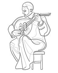 Arabic oud player. One line drawing man playing the oud instrument. Continuous line musician vector illustration