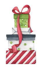 Watercolor drawing Christmas gift boxes with bows, Present box. For design, print or background. Hand painted gift winter Merry Christmas and Happy New Year, Birthday.