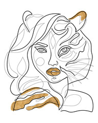One line drawing woman tiger half face. Minimalist art, elegant continuous line female portrait with golden elements. Illustration