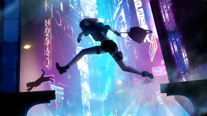 A brave young teenage girl with a briefcase jumps over the chasm between two creatures while running away from a chase with a cat in the dazzlingly bright neon city of the future. 2d action anime art - 531402285