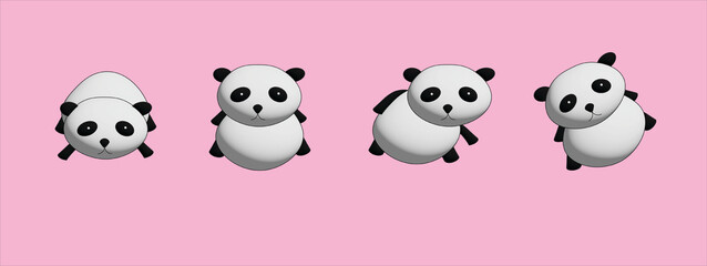 Cute pandas in various designs 3d concept on pink background for illustration