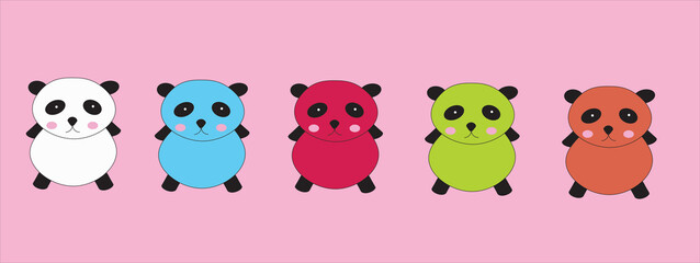 Cute pandas in various designs  on pink background for illustration