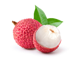 Juicy Lychee with cut in half and leaves  isolated on white background. Clipping path.