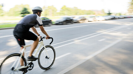 Fototapeta premium A blurry photo in motion. A cyclist and his bike, rides very fast on the road in the city.