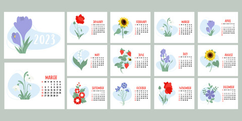 Floral calendar 2023. Flowers snowdrops, lily of the valley, poppy, sunflower, irises, crocuses and mallows. Horizontal template 12 pages and cover in English. Vector illustration. Week from Sunday