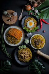 Top View Flat Lay Fried Rice or Nasi Goreng With Spices and Seasoning Isolated