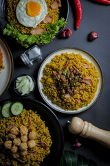 Top View Flat Lay Fried Rice or Nasi Goreng With Spices and Seasoning Isolated