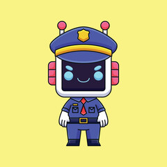 cute police robot cartoon doodle hand drawn concept vector kawaii icon illustration