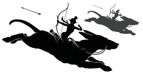 A black silhouette of a girl riding a huge fighting dog in a dynamic jumping pose, she is an elf shooting a bow behind her back. 2d vector art
