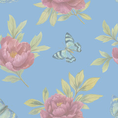 Fototapeta na wymiar Abstract botanical pattern drawn in watercolor on a blue background. Peony and butterflies ornament.