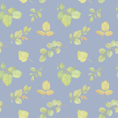 Abstract botanical pattern, autumn leaves on a gently purple background.