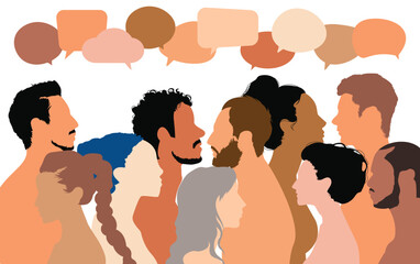Message between multi-racial people. Vector cartoon Coloured profile. Communicate social networks. Crowd talking. Multi-ethnic and multicultural group.