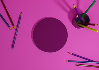 Bright magenta, neon pink 3D illustration back to school product display podium stand, horizontal image flat lay, top view from above with pencils on table for product photography background wallpaper
