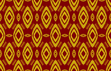 Abstract ethnic ikat geometric seamless pattern. Aztec native tribal fabric golden color on dark reddish brown background. Vector design for texture, textile, clothing, wallpaper, carpet, embroidery. 