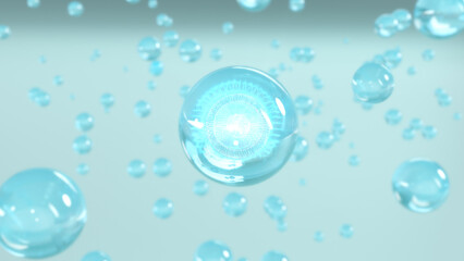 3D rendering Cosmetics Serum bubbles on defocus background. Miracle bubble design for cosmetics. Transparent balls, holographic liquid blobs floating in space, and artistic bubbles.