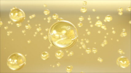 Cosmetic background with 3d bubble design water bubbles on an abstract science background. The concept for a serum for essential cosmetics.