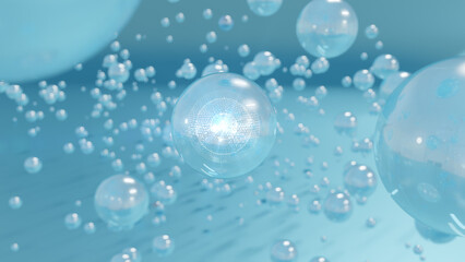 3D rendering Cosmetics Blue Serum bubbles on defocus background. Collagen bubbles Design. Moisturizing Essentials and Serum Concept. Vitamin for health care and beauty concept. 